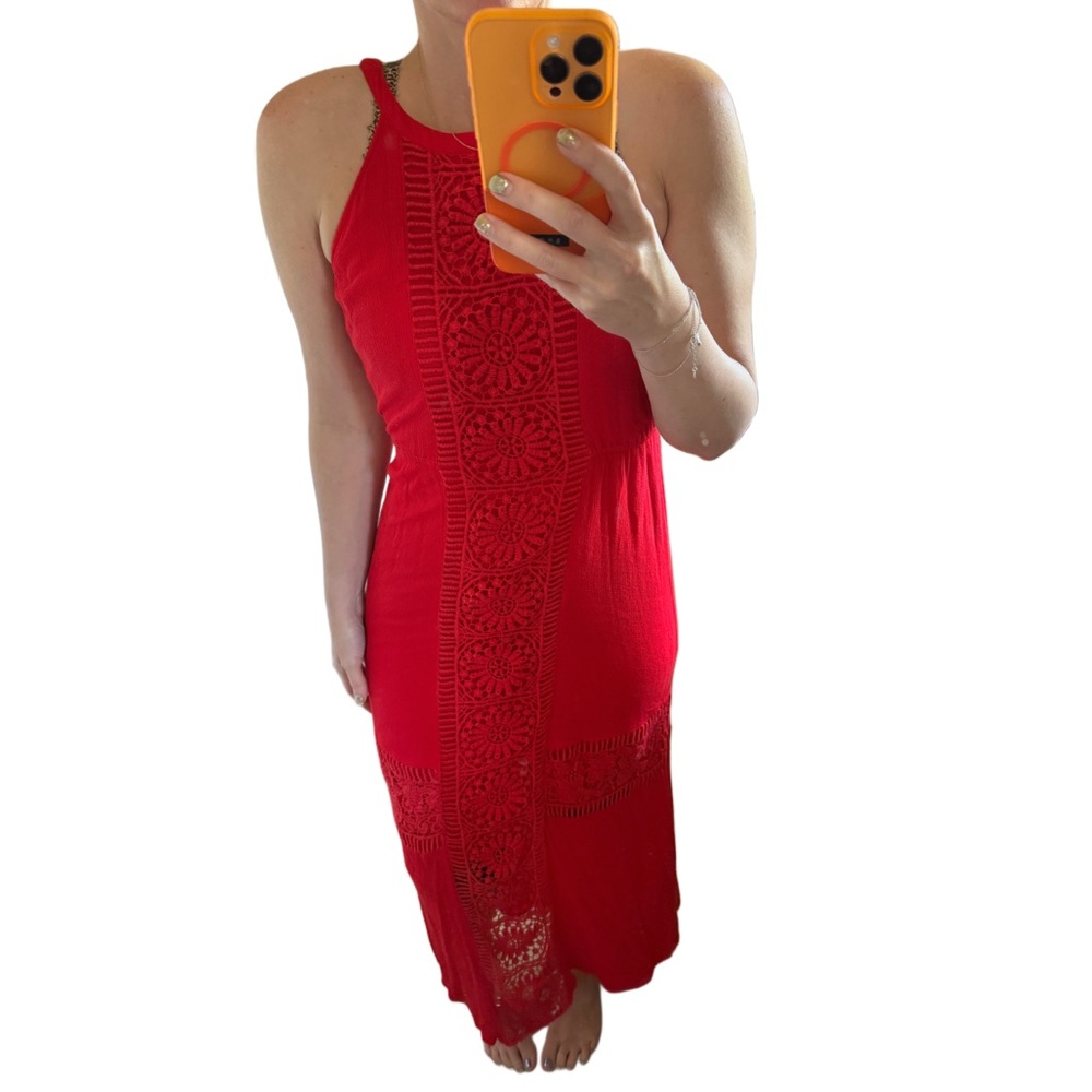 Bright Red Maxi Dress with cotton crochet Lace Detail long halter boho sz small